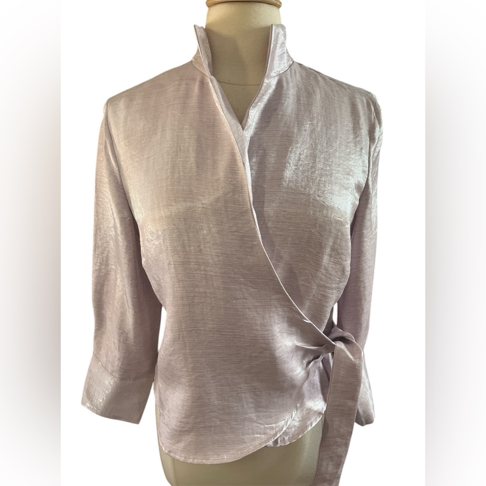 Coldwater Creek Lavender Shimmery Wrap Blouse 3/4Sleeves Oversized Cuff Size PL